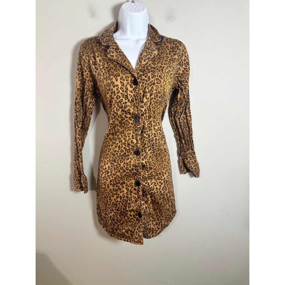 Lauren Ralph Lauren Women Leopard Print Cotton Sleep Shirt Brown Tan Small